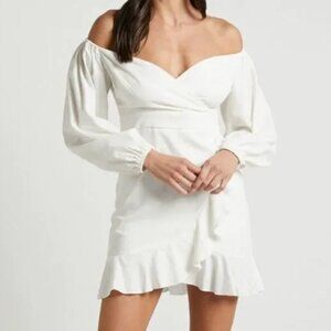 Women Showpo Cant Move On Off Shoulder Mini Linen Blend Dress in White Size 12